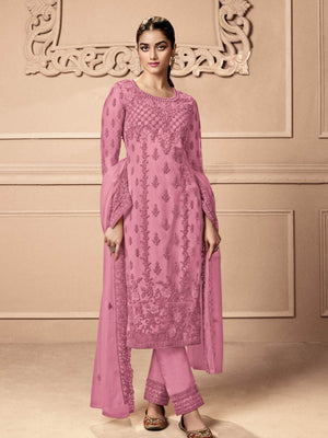 Rajwada Women Pink Embroidered Georgette Semi Stitched Palazzo Suit