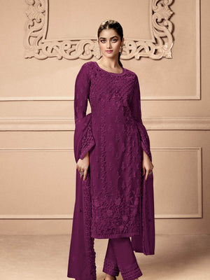 Rajwada Women Violet Embroidered Georgette Semi Stitched Palazo Suit