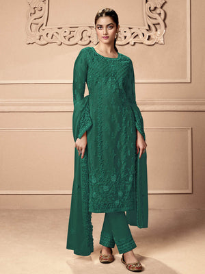 Rajwada Women Green Embroidered Georgette Semi Stitched Palazo Suit