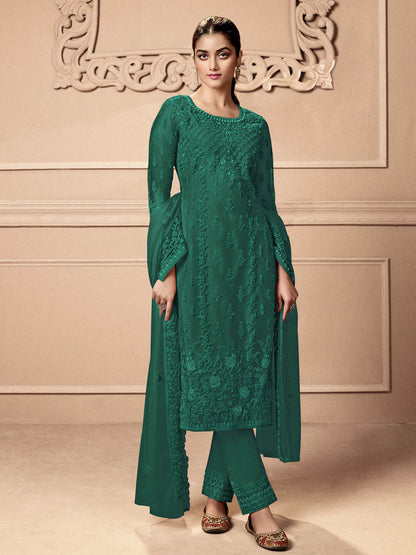 Rajwada Women Green Embroidered Georgette Semi Stitched Palazo Suit