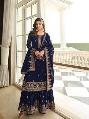 Rajwada Women Dark Blue Embroidered Georgette Sharara Style Semi-Stitched Salwar Suit