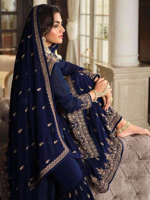 Rajwada Women Dark Blue Embroidered Georgette Sharara Style Semi-Stitched Salwar Suit