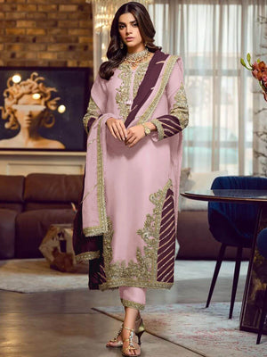 Rajwada Pink Georgette Embellished Semi stitched Kurta Set For Womenm