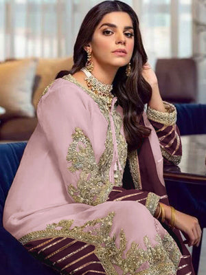 Rajwada Pink Georgette Embellished Semi stitched Kurta Set For Womenm
