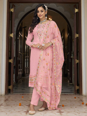 Rajwada - Pink Floral Embroidered Georgette Semi Stitched Straight Salwar Suit