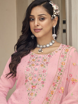 Rajwada - Pink Floral Embroidered Georgette Semi Stitched Straight Salwar Suit