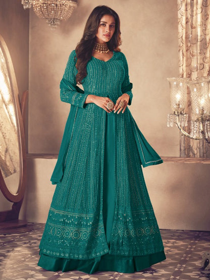 Rajwada Women Blue Faux Georgette Semi Stitched Kurta Set