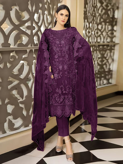 Rajwada Dark Purple Georgette Embroidered Semi stitched Kurta Set For Women