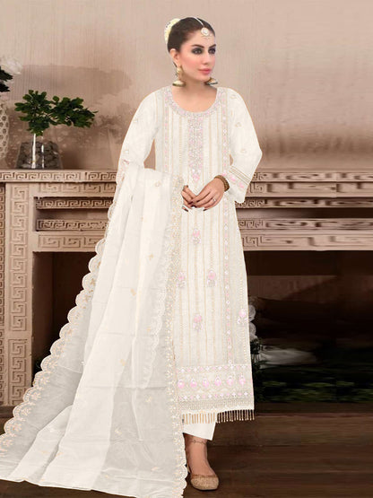 Rajwada White Embroidered Georgette Semi Stitched Kurta Set With Dupatta For Women