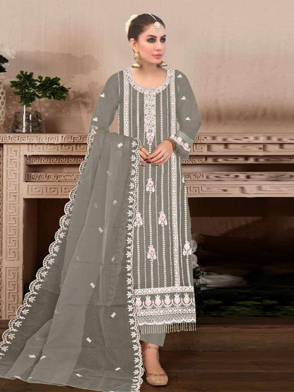 Rajwada Grey Embroidered Georgette Semi Stitched Kurta Set With Dupatta For Women
