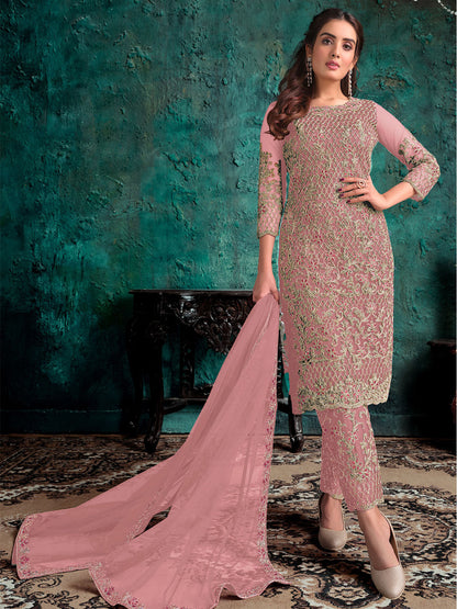 Rajwada Pink Net Embroidered Semi Stitched Kurta Set For Women