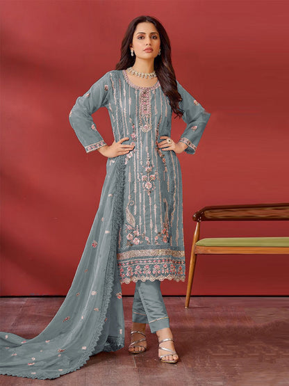 Rajwada Grey Embroidered Georgette Semi Stitched Kurta Set with Dupatta For Women