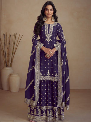 Rajwada Purple Silk Blend Embroidered Semi-Stitched Kurta Set For Women