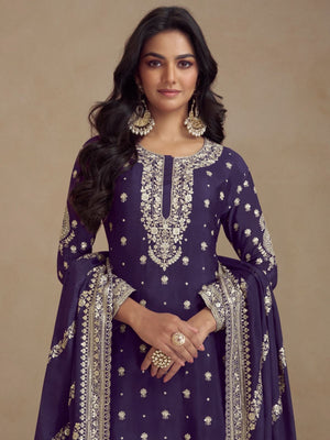 Rajwada Purple Silk Blend Embroidered Semi-Stitched Kurta Set For Women