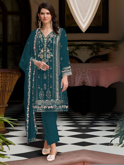 Rajwada Teal Embroidered Georgette Semi-Stitched Kurta Set For Women