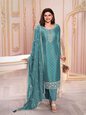 Rajwada Blue Embroidered Silk Blend Semi-Stitched Kurta Set  For Women