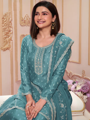 Rajwada Blue Embroidered Silk Blend Semi-Stitched Kurta Set  For Women