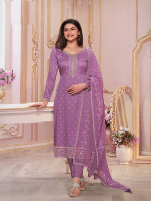 Rajwada Purple Embroidered Silk Blend Semi-Stitched Kurta Set  For Women