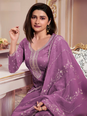 Rajwada Purple Embroidered Silk Blend Semi-Stitched Kurta Set  For Women