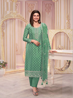 Rajwada Green Embroidered Silk Blend Semi-Stitched Kurta Set  For Women