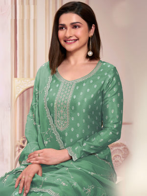 Rajwada Green Embroidered Silk Blend Semi-Stitched Kurta Set  For Women