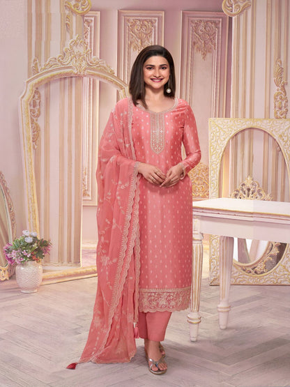 Rajwada Peach Embroidered Silk Blend Semi-Stitched Kurta Set  For Women