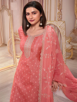 Rajwada Peach Embroidered Silk Blend Semi-Stitched Kurta Set  For Women