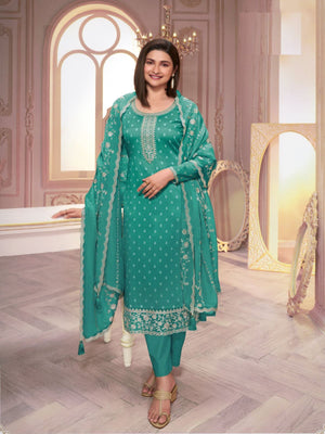 Rajwada Teal Green Embroidered Silk Blend Semi-Stitched Kurta Set For Women