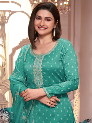 Rajwada Teal Green Embroidered Silk Blend Semi-Stitched Kurta Set For Women