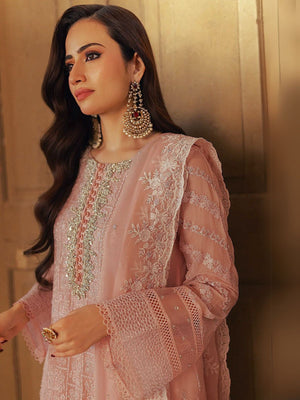 Rajwada Peach Embroidered Georgette Semi-Stitched Kurta Set For Women