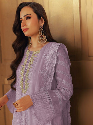 Rajwada Purple Embroidered Georgette Semi-Stitched Kurta Set For Women