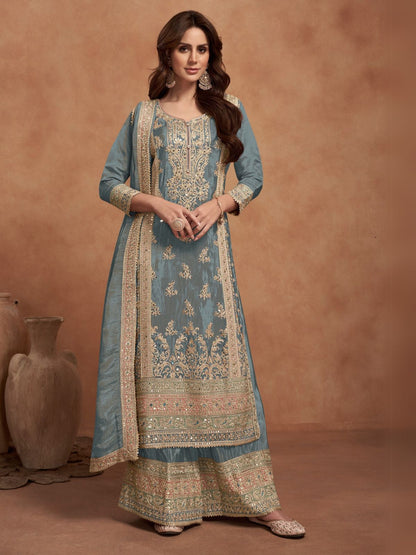 Rajwada Grey Embroided Silk Blend Semi-Stitched Kurta Set For Women