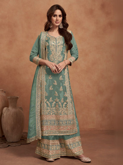 Rajwada Green Embroided Silk Blend Semi-Stitched Kurta Set For Women