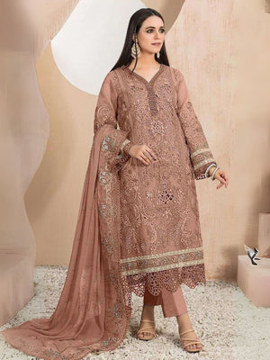 Rajwada Brown Organza Embroidered Semi-Stitched Kurta Set For Women