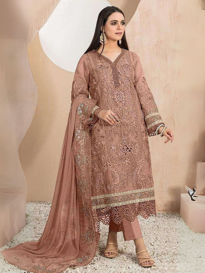 Rajwada Brown Organza Embroidered Semi-Stitched Kurta Set For Women