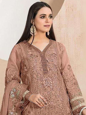 Rajwada Brown Organza Embroidered Semi-Stitched Kurta Set For Women
