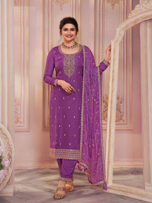 Rajwada Purple Georgette Embroidered Semi-Stitched Kurta Set For Women