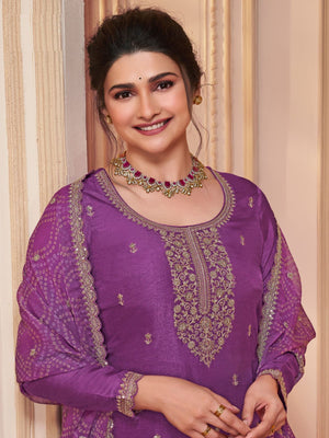 Rajwada Purple Georgette Embroidered Semi-Stitched Kurta Set For Women
