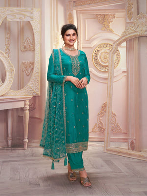 Rajwada Teal Georgette Embroidered Semi-Stitched Kurta Set For Women
