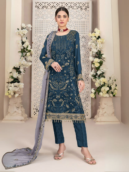 Rajwada Teal Embroidered Georgette Semi-Stitched Kurta Set For Women