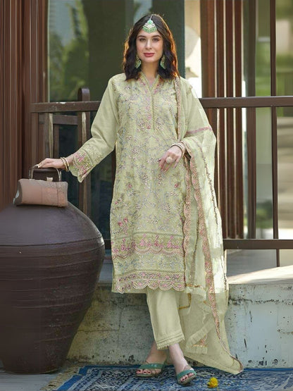 Rajwada Green Organza  Embroidered Semi-Stitched Kurta Set For Women