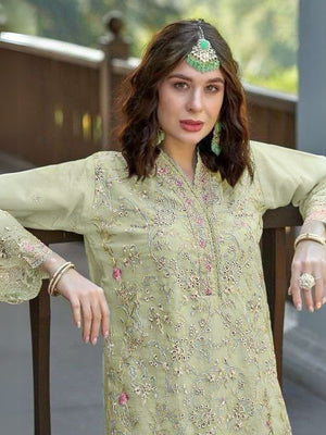 Rajwada Green Organza  Embroidered Semi-Stitched Kurta Set For Women