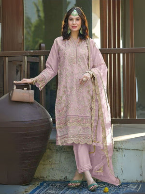 Rajwada Pink Organza  Embroidered Semi-Stitched Kurta Set For Women