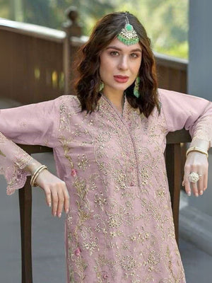 Rajwada Pink Organza  Embroidered Semi-Stitched Kurta Set For Women