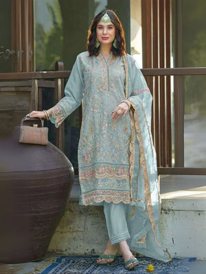 Rajwada Blue Organza Embroidered Semi-Stitched Kurta Set For Women