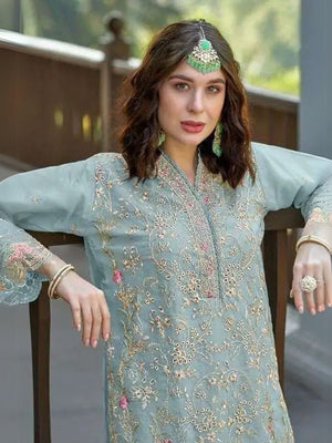 Rajwada Blue Organza Embroidered Semi-Stitched Kurta Set For Women