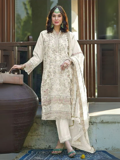 Rajwada Cream Organza Embroidered Semi-Stitched Kurta Set For Women