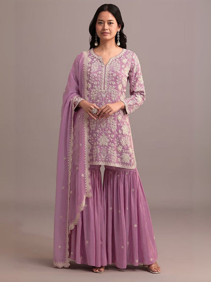 Rajwada Pink Georgette Embroidered Semi-Sitched Kurta Set For Women