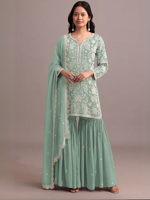 Rajwada Light Green Georgette Embroidered Semi-Sitched Kurta Set For Women