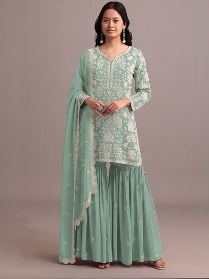 Rajwada Light Green Georgette Embroidered Semi-Sitched Kurta Set For Women